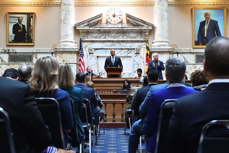 Governor Wes Moore speaking on rostrum