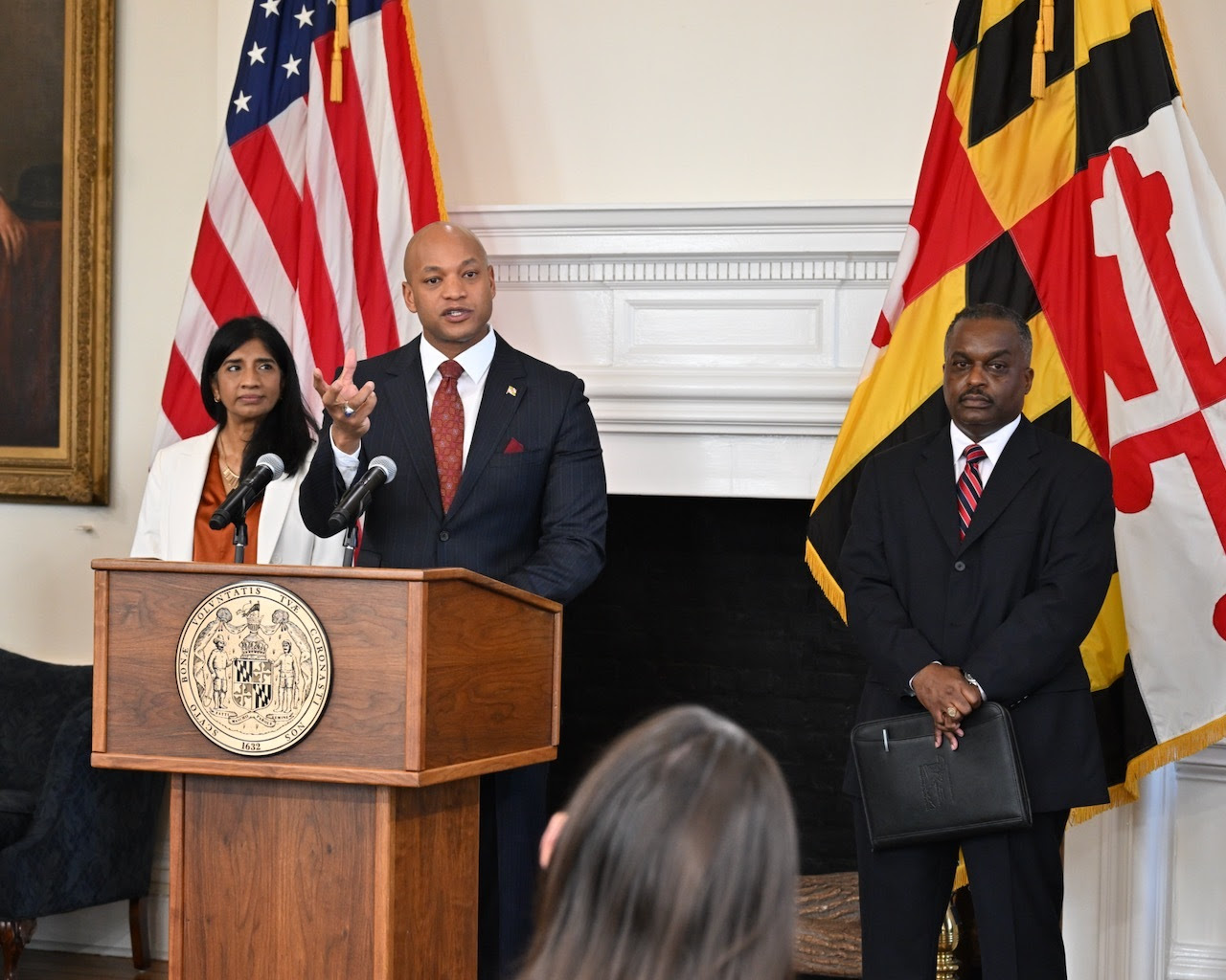 Governor Moore Announces Historic Initiatives and Investment in Public Safety, Names Lieutenant Colonel Roland Butler (at right) as Superintendent of Maryland State Police.