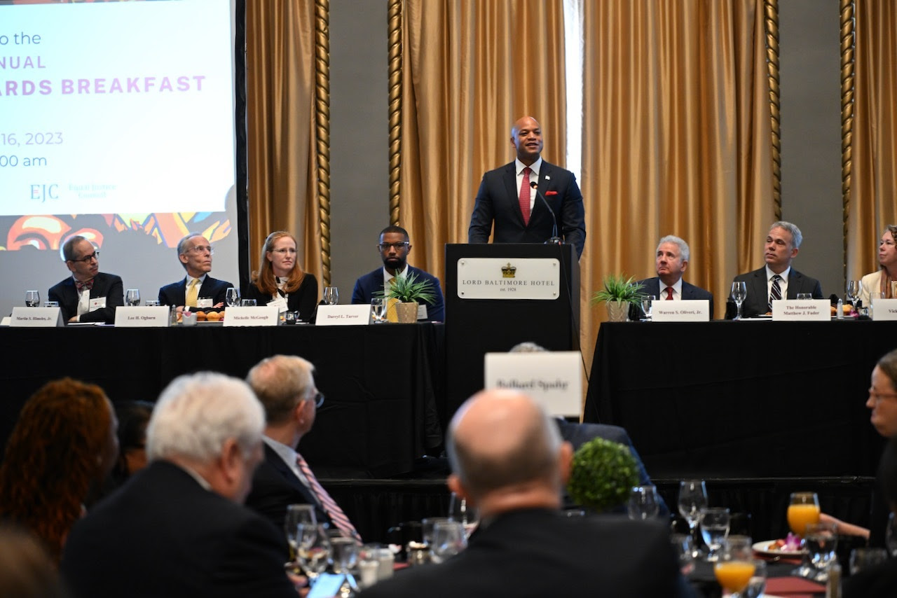 Governor Wes Moore at podium at Equal Justice Council Awards Breakfast