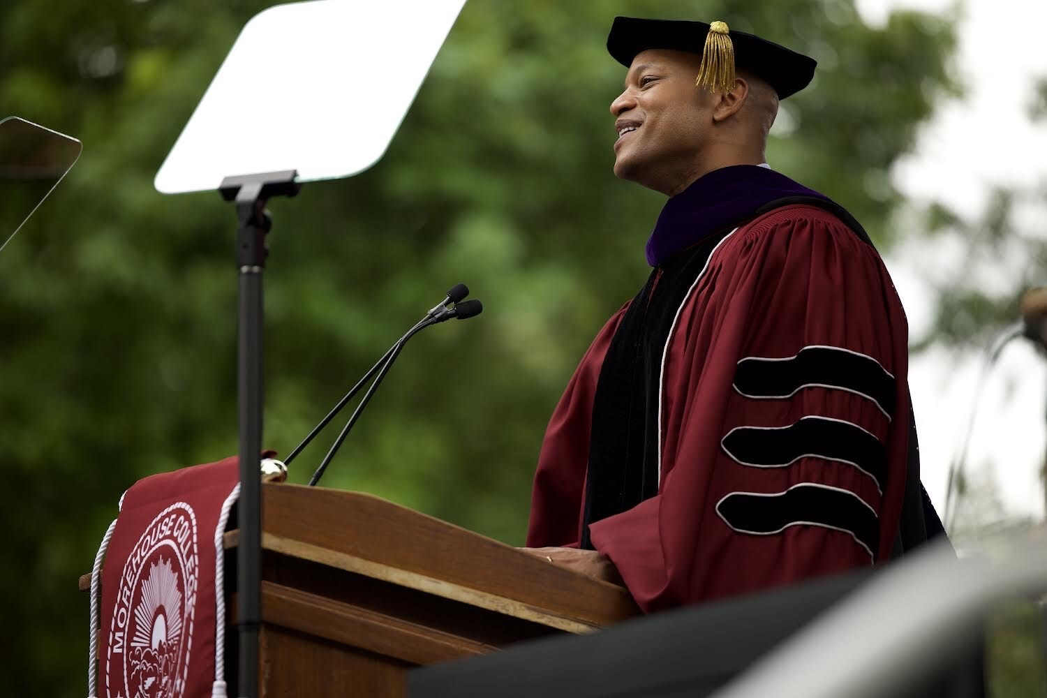 Gov Wes Moore at Morehouse College speaking at podium