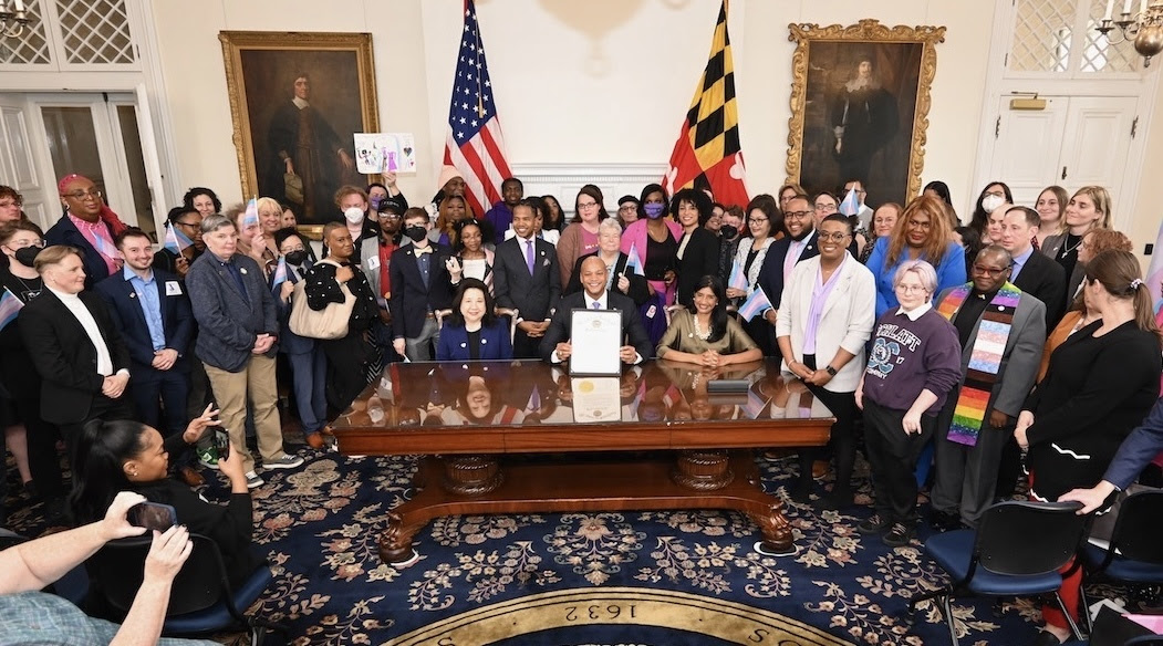 Lt. Governor Aruna Miller, Maryland Secretary of State Susan C. Lee, members of the Maryland Commission on LGBTQ Affairs, members of the newly-formed LGBTQ+ Legislative Caucus, and transgender community members and advocates from across the state joined Governor Moore for the signing ceremony at the State House.