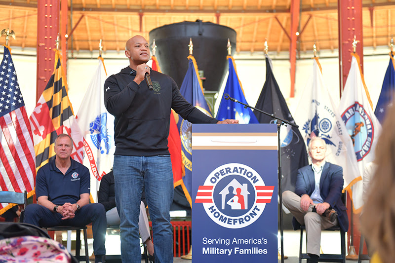 Governor Moore speaks at the Veterans Day Mealkit event at the B&O Railroad Museum in Baltimore.