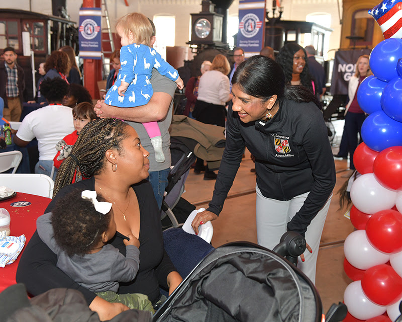 Lt. Gov. Miller speaks with a military family at the B&O Railroad Museum event in Baltimore.