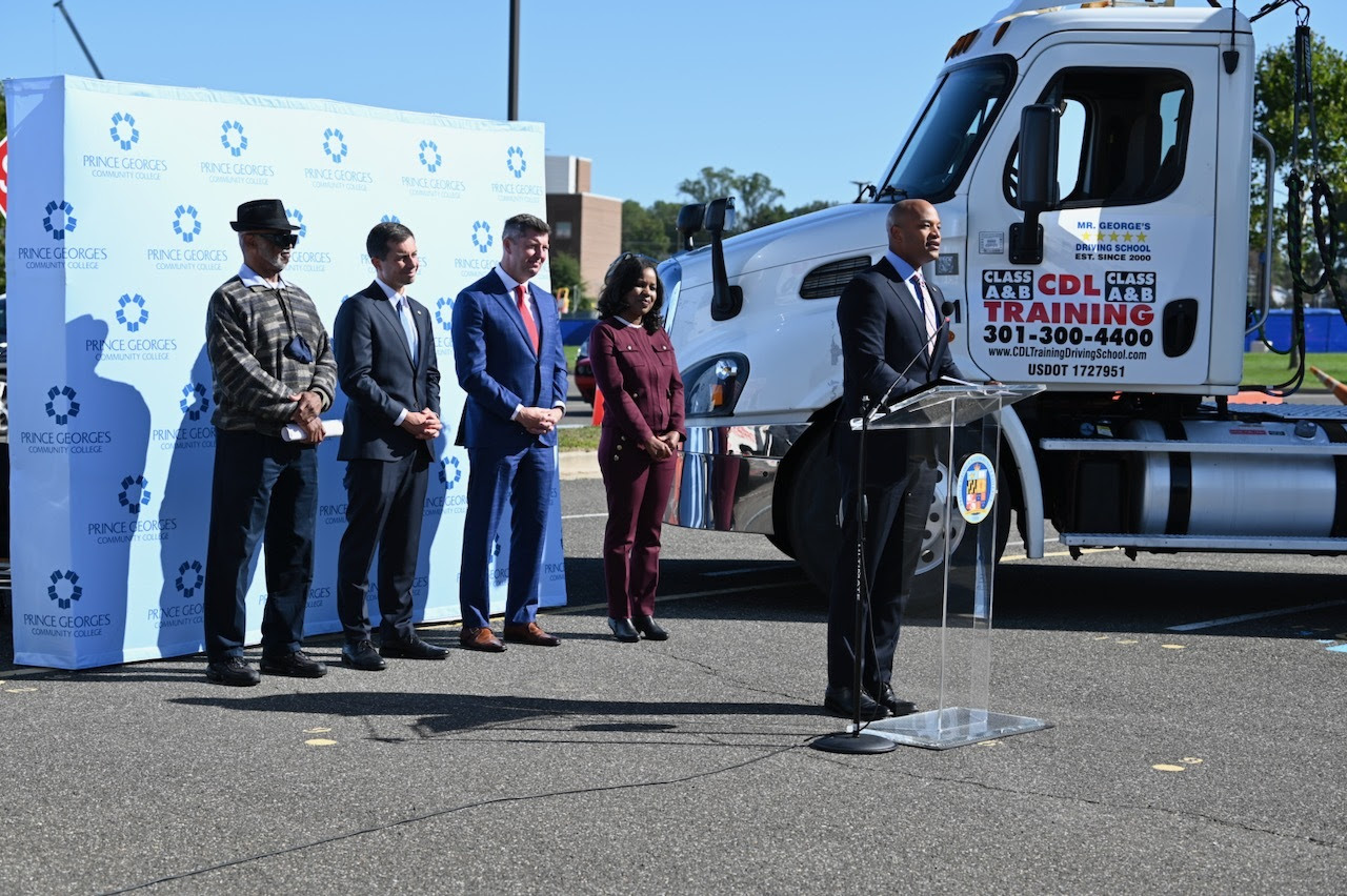 Governor Moore speaks about the Commercial Driver's License training program at Prince George's Community College.