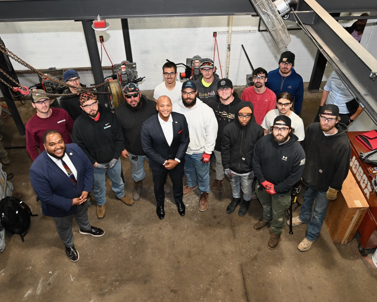 Governor Moore stands with apprentices at Steamfitters Local 602 Training Center