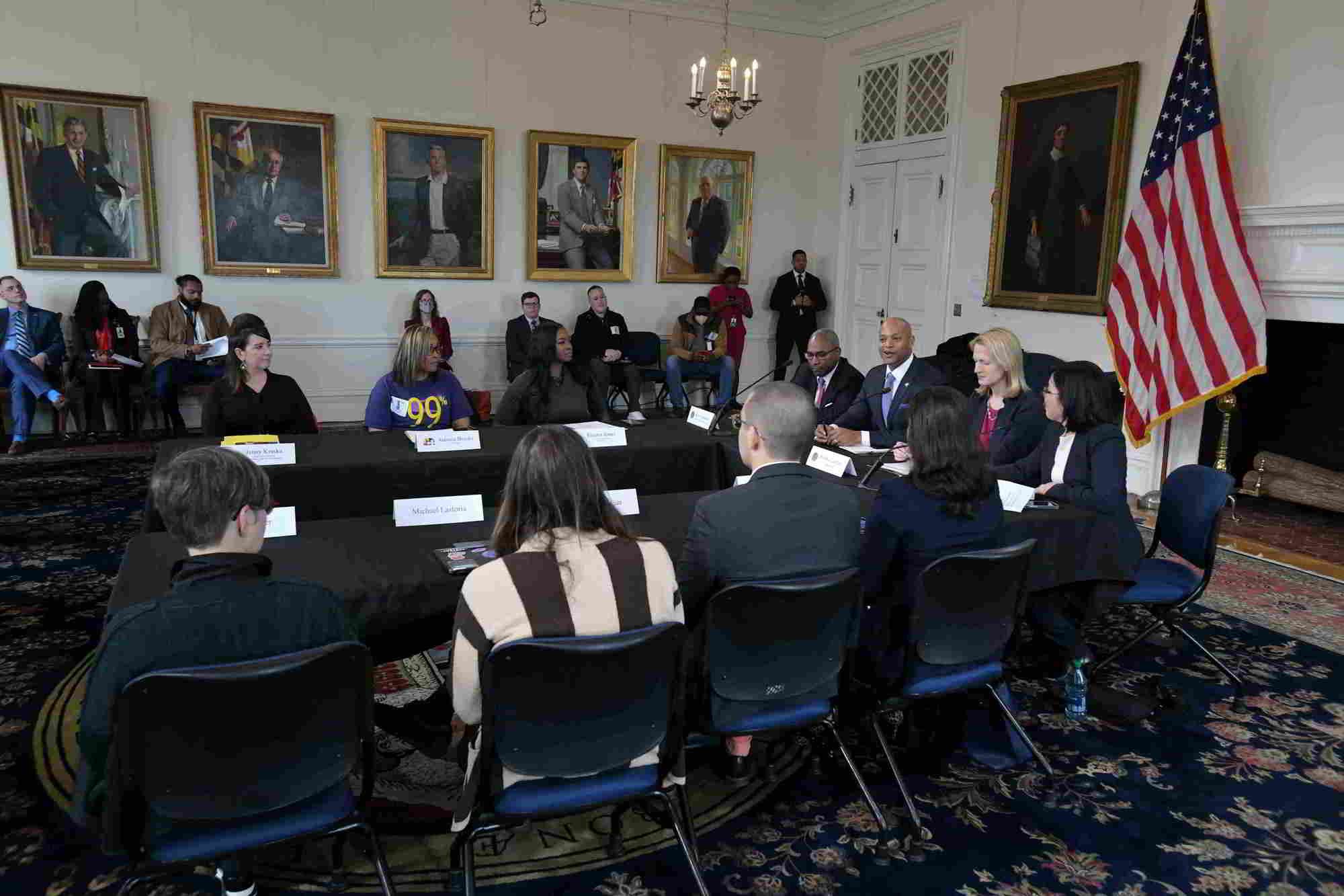 Governor Wes Moore hosted a community round table at the State House and testified in the Maryland House Economic Matters Committee Hearing in support of the Fair Wage Act, presented as HB 549. 