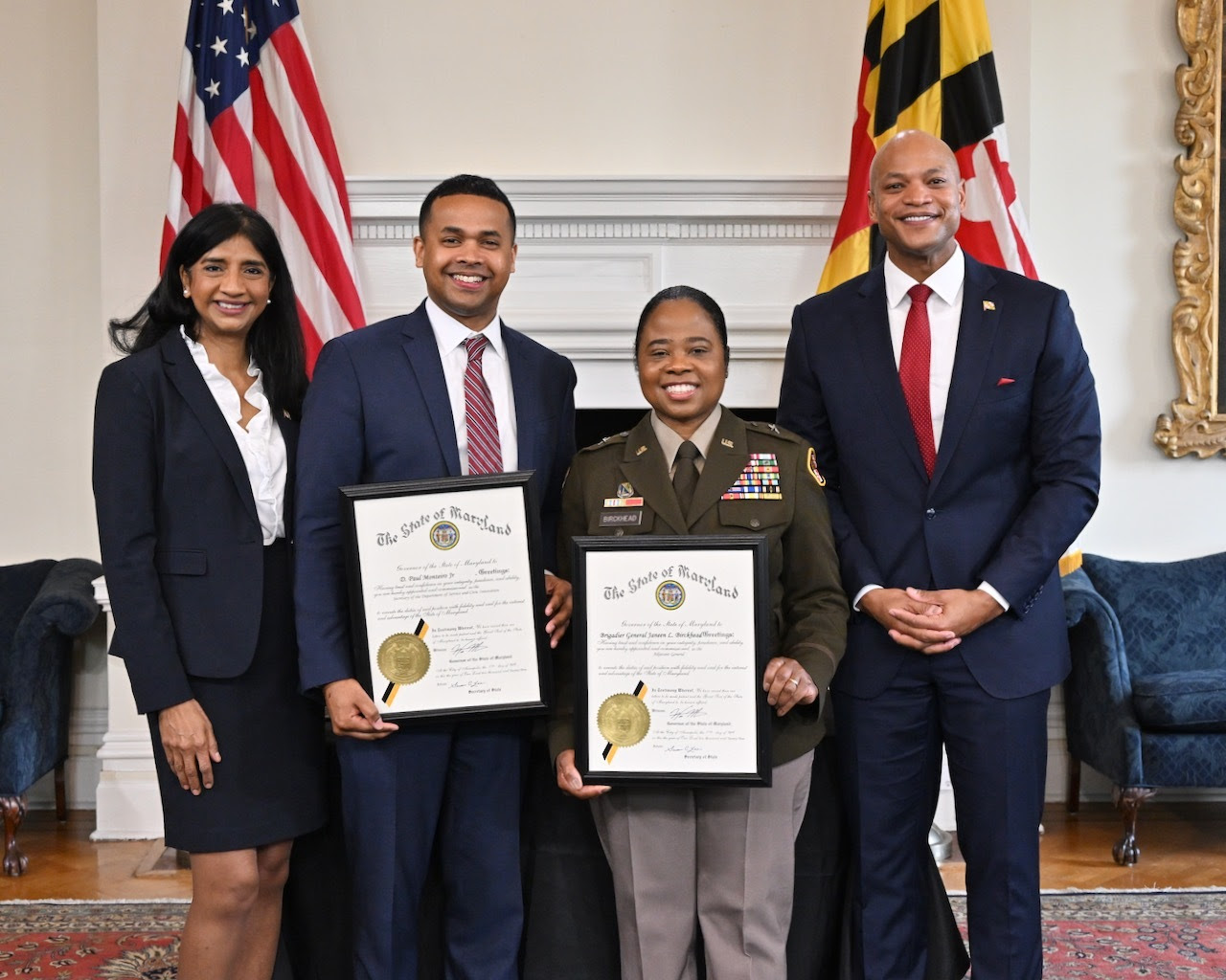 Governor Moore and Lt. Governor Miller swore in Paul Monteiro as Department of Service and Civic Innovation Secretary and Brigadier General Janeen Birckhead as the 31st Adjutant General of Maryland.