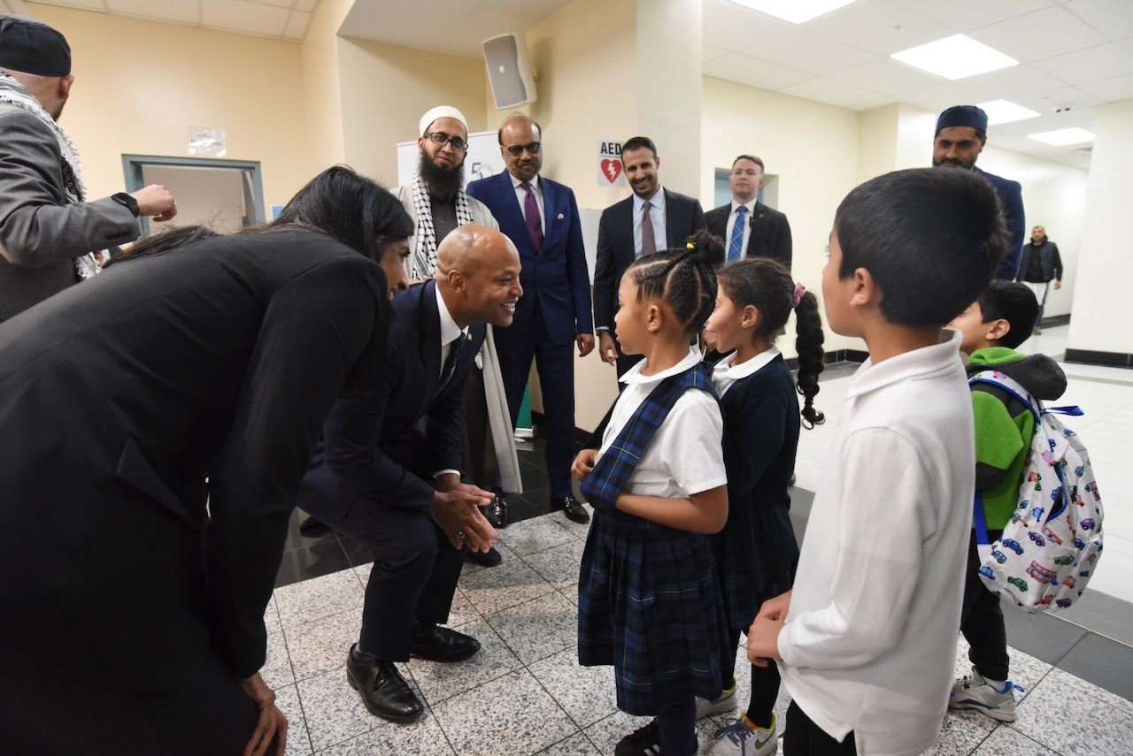 Governor Moore and Lt. Governor Miller meet with children at the Islam Society of Baltimore.